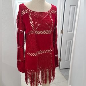 Boho Suede & Crochet Fringe Top - Size M